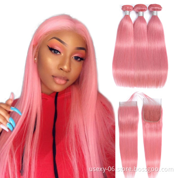 Straight Colored Hair Extension Remy Human Hair For Sale 100% Real Virgin Brazilian Pink Weave Bundles Human Hair